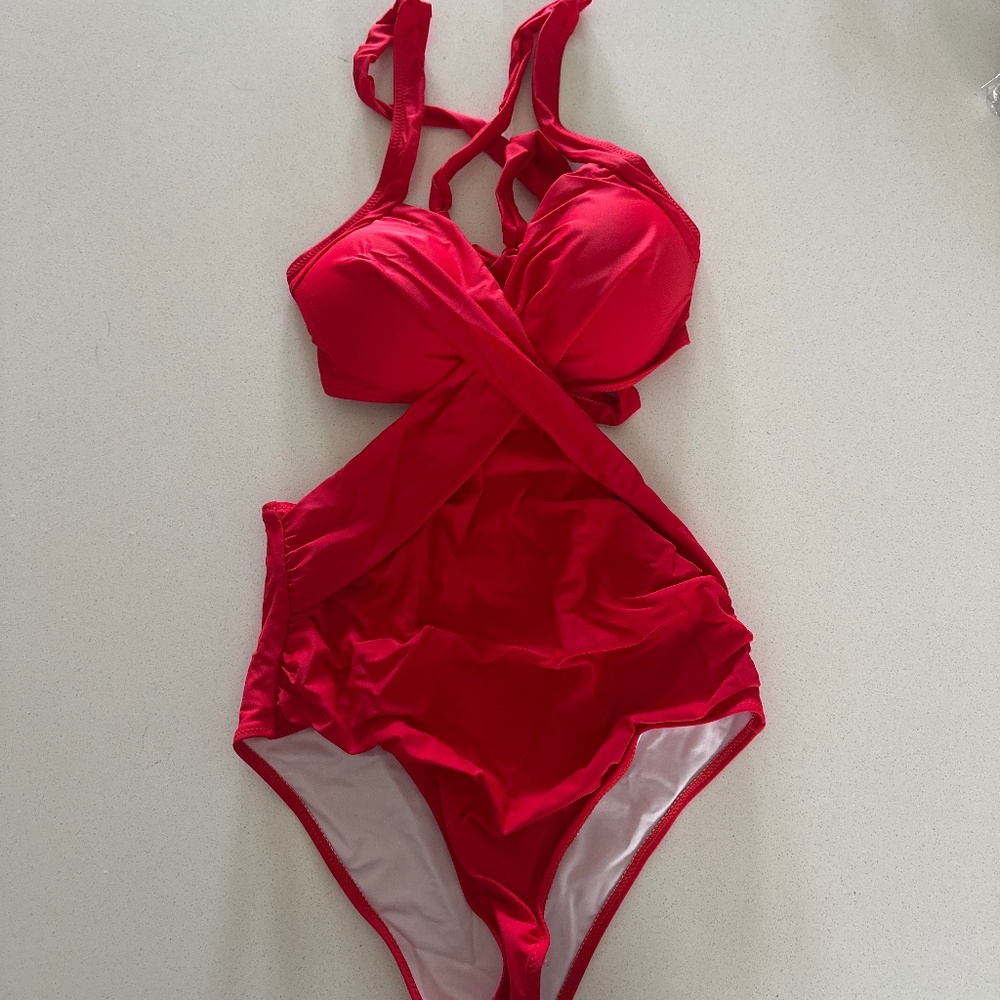 Red One-Piece Swimsuit with Crisscross Detail